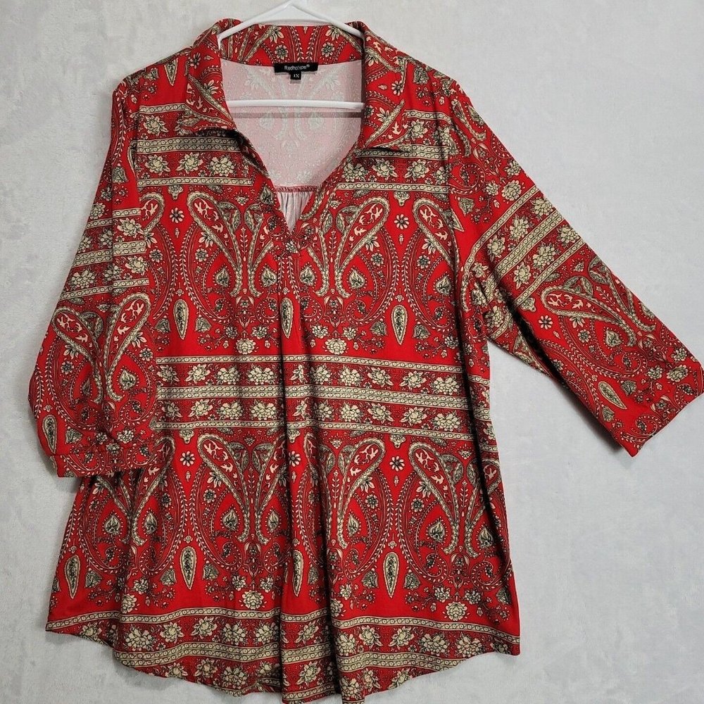 Redhotype Women's Red Paisley V-Neck Tunic 3/4 Sleeve Blouse Size 1XL